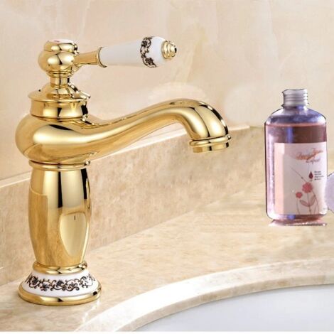 Robinet mitigeur eau chaude/eau froide en laiton doré - Tout cuivre - Robinet de salle de bain en porcelaine bleue et blanche