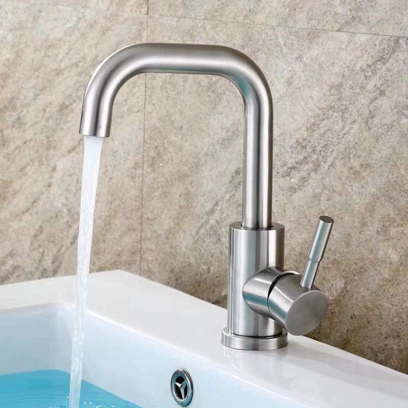 Robinet Mitigeur lavabo 360° bec rond en nickel brossé, eau chaude et eau froide