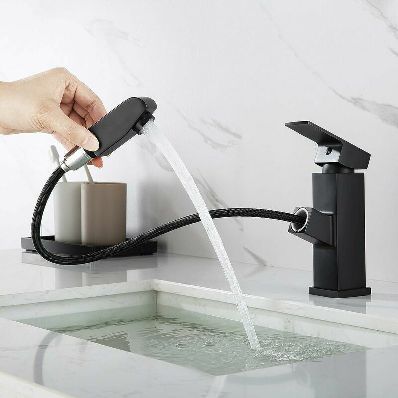 Serbia - Robinet Mitigeur Lavabo avec Douchette Extractible, Robinet Mitigeur Salle de Bain Noir, Hauteur du Robinet 18mm