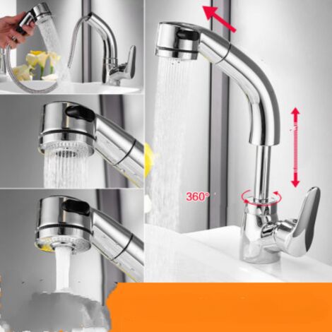 Robinet Mitigeur Lavabo avec Douchette Extractible, Robinet Mitigeur Salle de Bain Version chromée