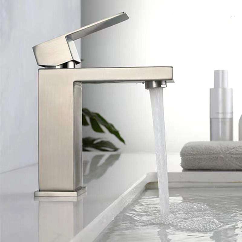 Ganan - Robinet Mitigeur lavabo bec droit plat en nickel brossé, eau chaude et eau froide