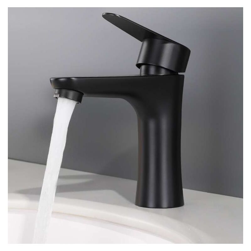 Ganan - Robinet Mitigeur lavabo bec droit plat noir en nickel, eau chaude et eau froide