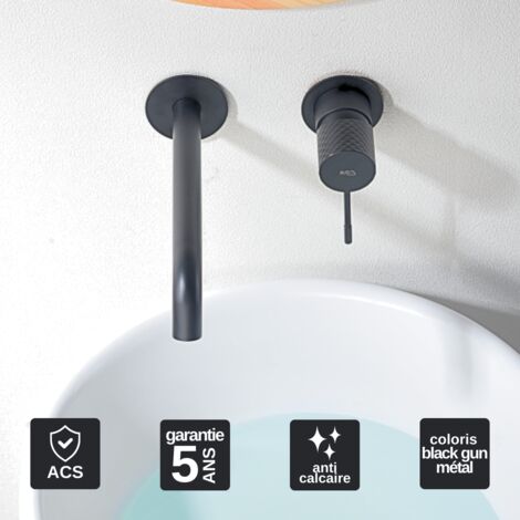 Robinet Mitigeur Lavabo Encastré Salle de Bain noir métal – Anti-Calcaire – Design Moderne - GENOVA IMEX