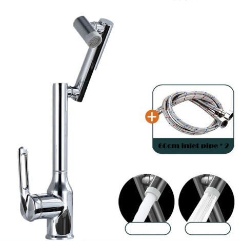 Robinet Mitigeur Lavabo Haut, Robinet Cascade Rotation à 360 Degrés, Robinet Salle de Bain, Mélangeur l'Eau Chaude et Froide - Tuyau Inclus