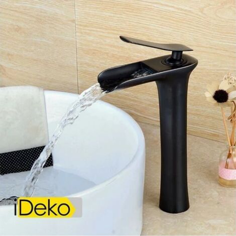 Robinet mitigeur lavabo noir – Corps en laiton – Aérateur ABS pour économie d'eau – Hauteur 28 cm – Installation facile avec flexibles inclus – Ideko