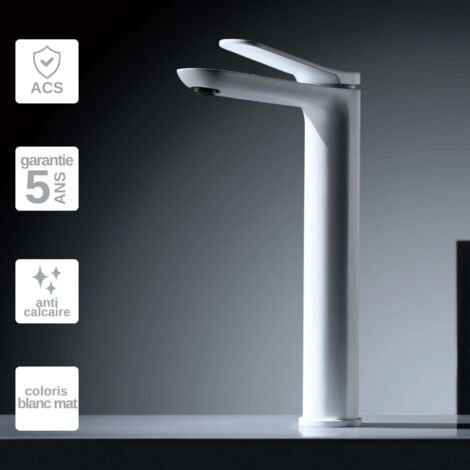 Robinet Mitigeur Lavabo Salle de Bain blanc mat – Bec Haut Anti-Calcaire – Design Moderne - DINAMARCA IMEX