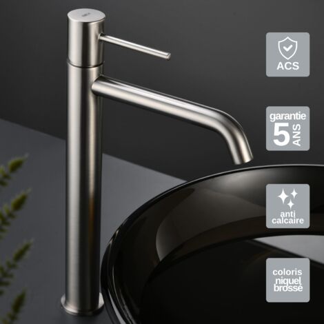 Robinet Mitigeur Lavabo Salle de Bain niquel brossé – Bec Haut Anti-Calcaire – Design Moderne - MONZA IMEX