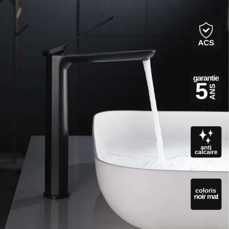 Robinet Mitigeur Lavabo Salle de Bain noir mat – Bec Haut Anti-Calcaire – Design Moderne - DINAMARCA IMEX