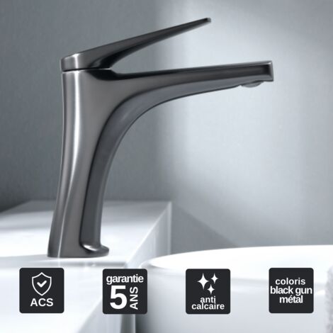 Robinet Mitigeur Lavabo Salle de Bain noir métal – Bec Bas Anti-Calcaire – Design Moderne - DELOS IMEX