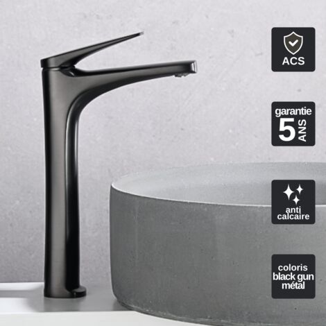Robinet Mitigeur Lavabo Salle de Bain noir métal – Bec Haut Anti-Calcaire – Design Moderne - DELOS IMEX