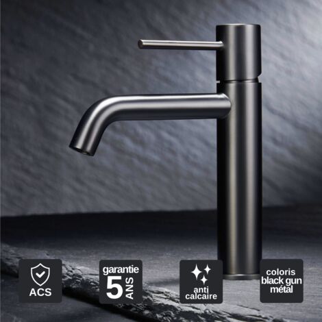 Robinet Mitigeur Lavabo Salle de Bain noir métal – Bec Haut Anti-Calcaire – Design Moderne - MONZA IMEX