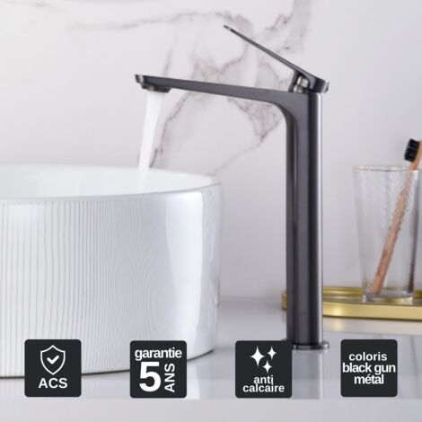 Robinet Mitigeur Lavabo Salle de Bain noir métal – Bec Haut Anti-Calcaire – Design Moderne - NAPOLES IMEX