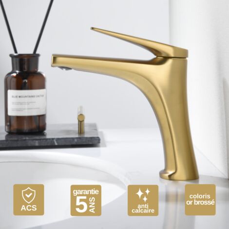 Robinet Mitigeur Lavabo Salle de Bain or brossé – Bec Bas Anti-Calcaire – Design moderne - DELOS IMEX