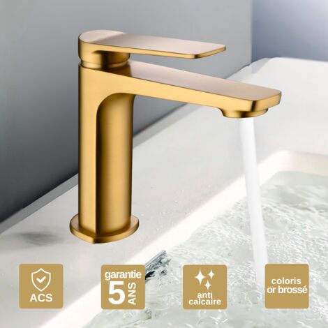 Robinet Mitigeur Lavabo Salle de Bain or brossé – Bec Bas Anti-Calcaire – Design Moderne - NAPOLES IMEX