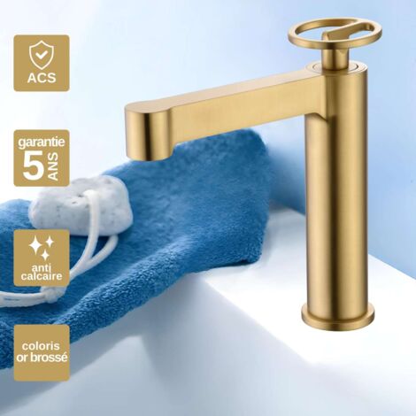 Robinet Mitigeur Lavabo Salle de Bain or brossé – Bec Bas Anti-Calcaire – Design moderne - OLIMPO IMEX