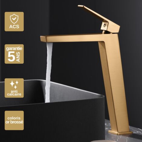 Robinet Mitigeur Lavabo Salle de Bain or brossé – Bec Haut Anti-Calcaire – Design moderne - ART IMEX