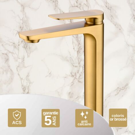 Robinet Mitigeur Lavabo Salle de Bain or brossé – Bec Haut Anti-Calcaire – Design Moderne - NAPOLES IMEX