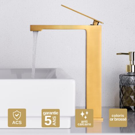 Robinet Mitigeur Lavabo Salle de Bain or brossé – Bec Haut Anti-Calcaire – Design moderne - PISA IMEX