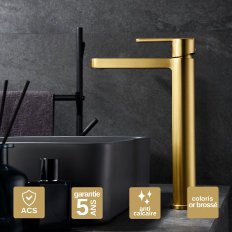 Robinet Mitigeur Lavabo Salle de Bain or brossé – Bec Haut Anti-Calcaire – Design moderne - ROMA IMEX