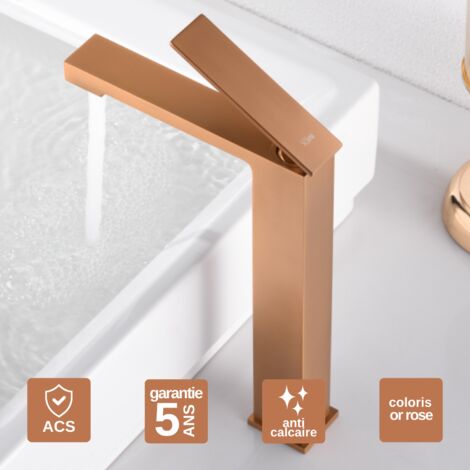 Robinet Mitigeur Lavabo Salle de Bain or rose cuivré – Bec Haut Anti-Calcaire – Design moderne - PISA IMEX