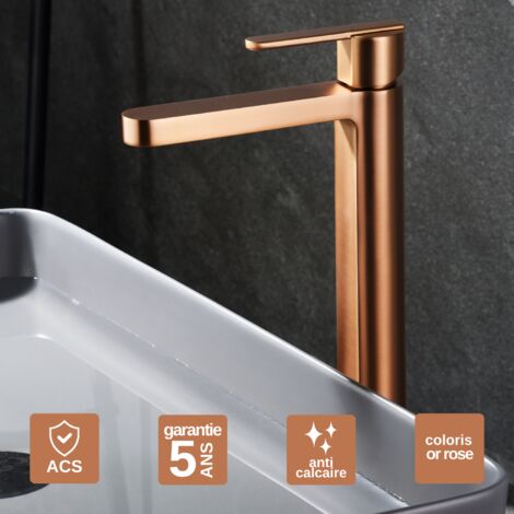 Robinet Mitigeur Lavabo Salle de Bain or rose cuivré – Bec Haut Anti-Calcaire – Design moderne - ROMA IMEX