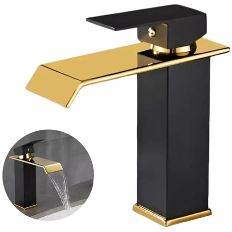 Robinet mitigeur monocommande cascade pour salle de bain noir et or