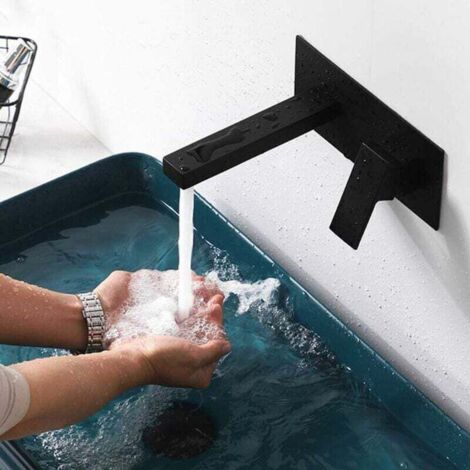 Robinet Mitigeur Murale Lavabo Mélangeur Salle De Bain Avec Cascade Bec Extra-large Robinet Encastré Une Poignée Mitigeur Lavabo Robinet Baignoire Robinet Mural (Noir)