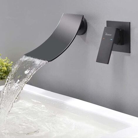 Robinet Mitigeur Murale Lavabo Mélangeur Salle de Bain avec Cascade Bec Extra-large Robinet Encastré Une Poignée Noir