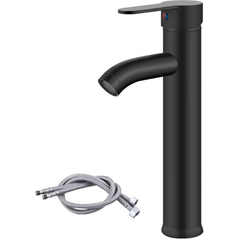 Robinet mitigeur pour vasque de salle de bain, monocommande, noir mat, bec haut, monotrou, design moderne, construction en laiton massif