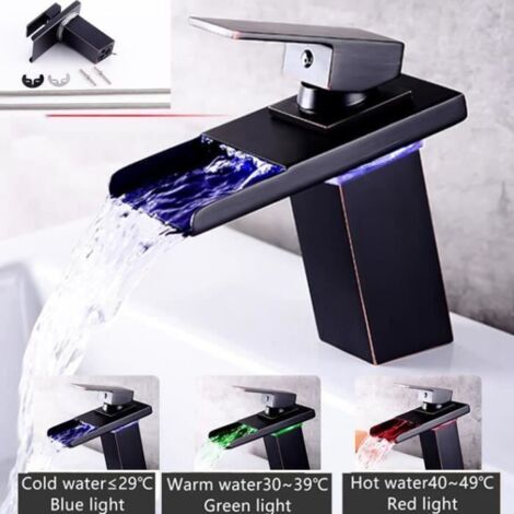 Robinet Mitigeur Salle de Bain LED Style Moderne Lumières Bassin évier Contrôle la Température RGB de Couleur Robinets Noir