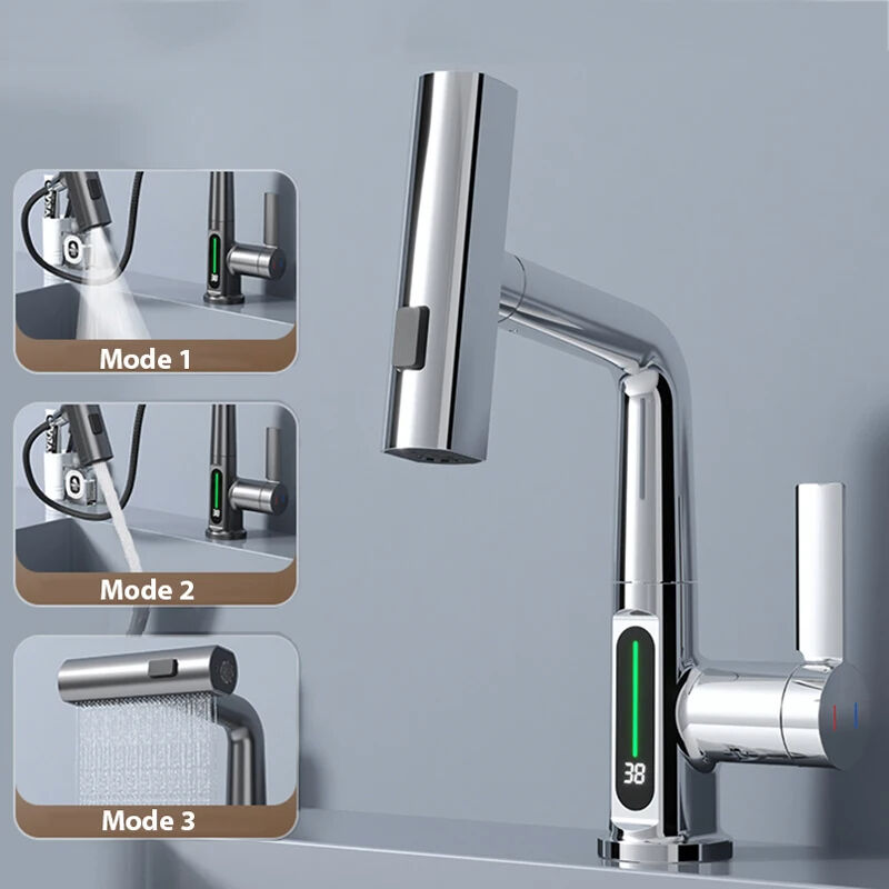Robinet Mitigeur Température Affichage, 3 Modes Jet, Rotatif à 360°, Douchette Extractible, Robinetterie pour Lavabo Salle de Bain Cuisine - Argent