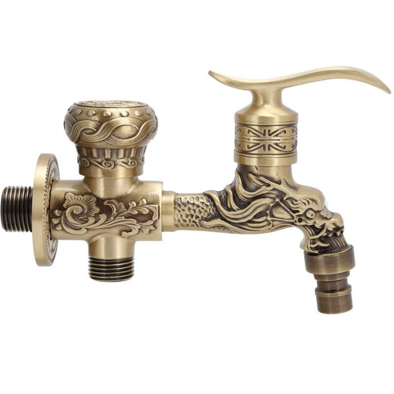 Alovez - Robinet mural à 2 sorties, motif dragon gravé vintage, robinet en laiton pour machine à laver
