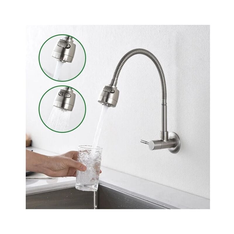 Aihom - Robinet Mural pour Eau Froide à Ressort Mitigeur de Cuisine Mémoire de Forme Mitigeur d'Evier Simple en Acier Inox Brossé 2 Jets aux Choix