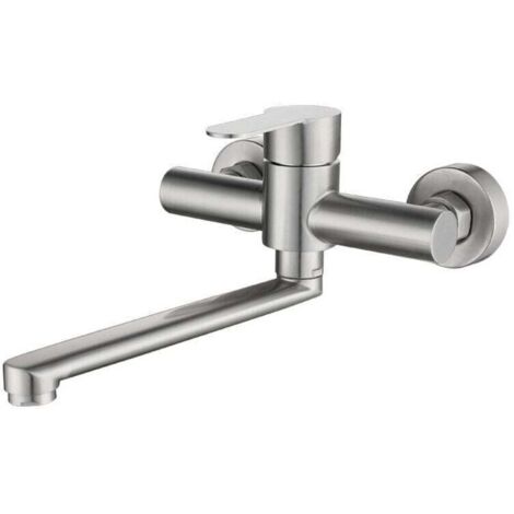 Robinet Mural Cuisine, Mitigeur Cuisine Mural Inoxydable, Pivotant à 360° pour Évier de Cuisine, Réglable Eau Chaude et Froide, Trous de Montage Réglables Brossé