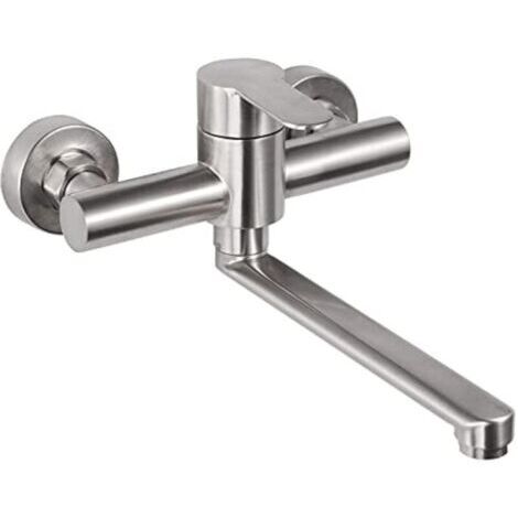 Robinet Mural Cuisine, Mitigeur Mural Inoxydable, Pivotant à 360° pour Évier de Cuisine, Eau Chaude et Froide, Trous de Montage Réglables, Bras Pivotant 23cm, Brossé