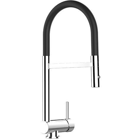Mitigeur de cuisine rabattable 60mm – Bec pivotant 360° et douchette 2 jets – Chromé et silicone noir – Installation facile FIX & LOCK – Vizio