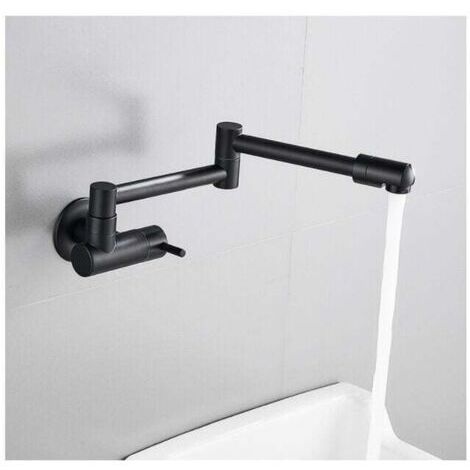 Robinet mural de cuisine noir en laiton – Mitigeur télescopique rabattable – Valve en céramique pour contrôle précis – Installation facile
