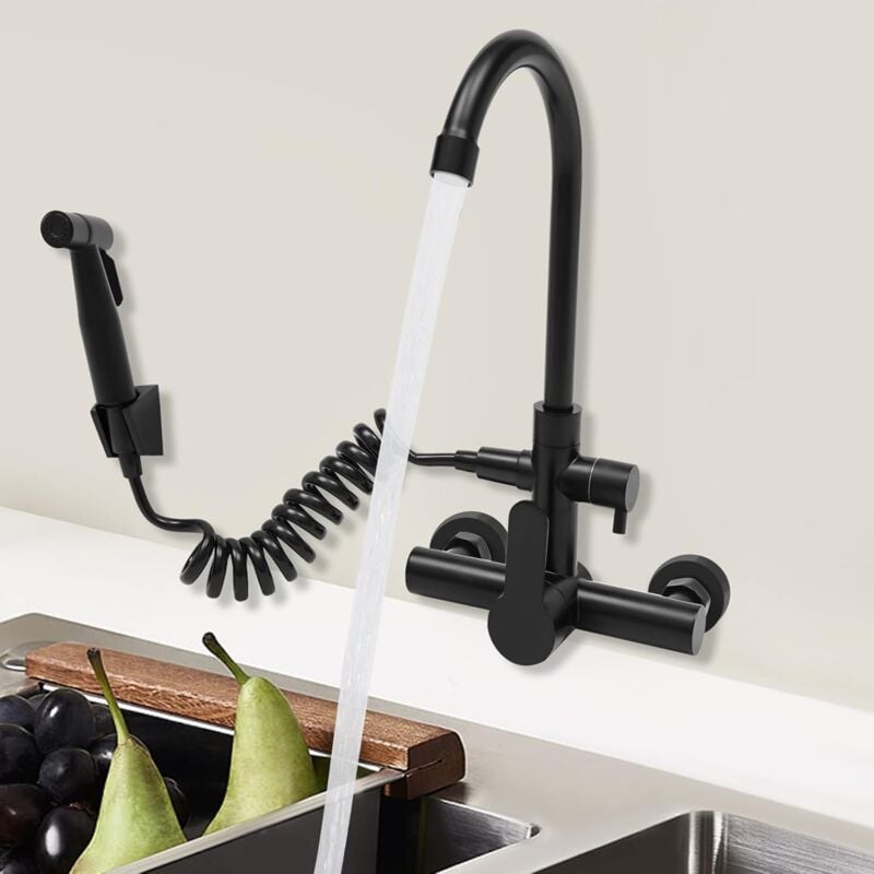 Robinet mural de cuisine noir moderne avec pistolet 304 en acier inoxydable + bec haut 180°