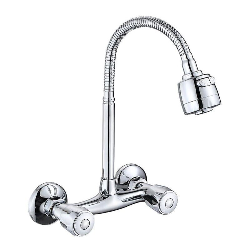 Robinet mural en cuivre, double poignée pour eau chaude et froide, pour cuisine, salle de bain, buanderie, piscine (sortie d'eau universelle pour