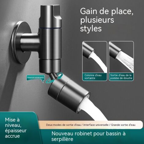 Robinet Mural Extensible pour Évier à Balai, Gris Pistolet, Double Mode d'Eau, Rotation 360°, Acier Inoxydable, pour Balcon et Buanderie