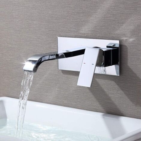 Robinet Mural Lavabo, Mitigeur Encastrable Lavabo avec Grand Bec, Robinet Encastré Lavabo, Robinet Mural de Salle de Bain en Laiton, Chromé Poli LITZEE