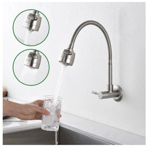 Robinet Mural pour Eau Froide à Ressort Mitigeur de Cuisine Mémoire de Forme Mitigeur d'Evier Simple en Acier Inox Brossé 2 Jets aux Choix