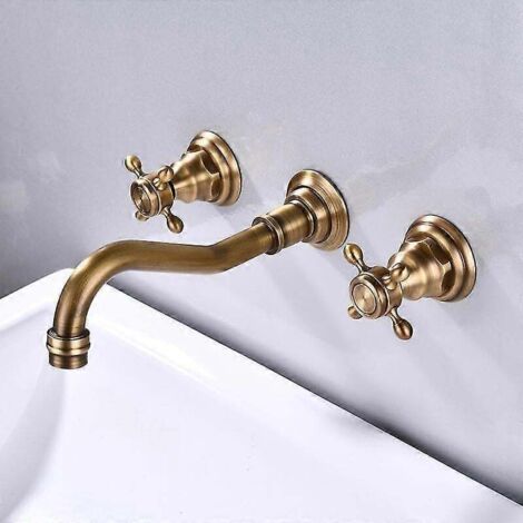 Robinet mural pour lavabo en laiton antique, à 3 trous et 2 vannes en croix. Mitigeur de lavabo en laiton avec bec en M