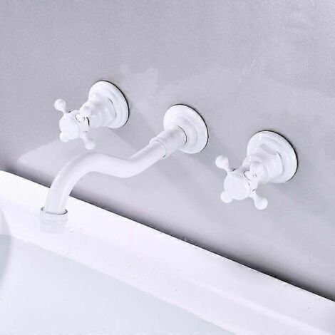 Robinet mural pour lavabo en laiton antique, à 3 trous et 2 vannes en croix. Mitigeur de lavabo en laiton avec bec en M