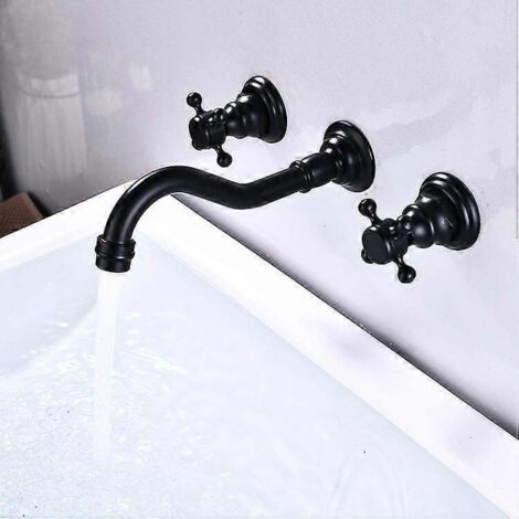 Robinet mural pour lavabo en laiton antique, à 3 trous et 2 vannes en croix. Mitigeur de lavabo en laiton avec bec en M