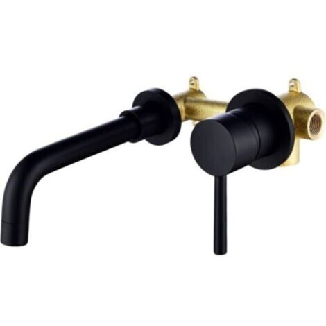 Robinet mural pour lavabo en laiton noir mat – Mélangeur de salle de bain design épuré, finition haut de gamme