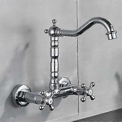 Robinet mural pour salle de bain et cuisine, à deux poignées, finition laiton antique, pour eau chaude et froide, avec long bec