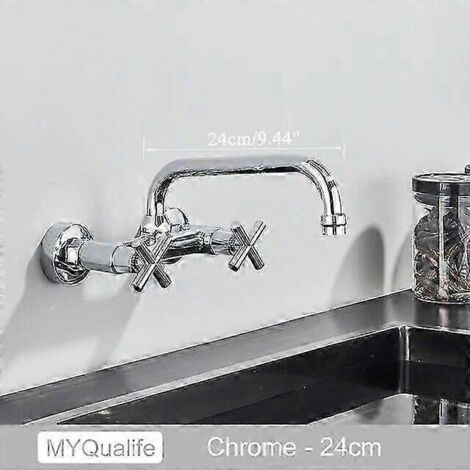 Robinet mural pour salle de bain et cuisine, à deux poignées, finition laiton antique, pour eau chaude et froide, avec long bec