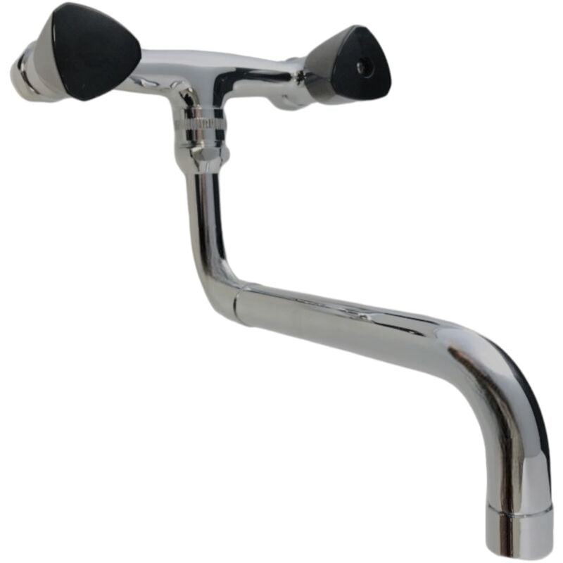 Robinet de cuisine mélangeur mural avec poignées noires et bec télescopique