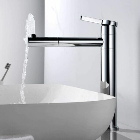 Robinet pour Lavabo, Robinet Mitigeur Lavabo Haut de Salle de Bains avec Bec Haut 229 mm et Rotatif à 360°, Mitigeur avec Raccordement Eau Froide/Chaud 50 cm, Laiton chromé, Argent